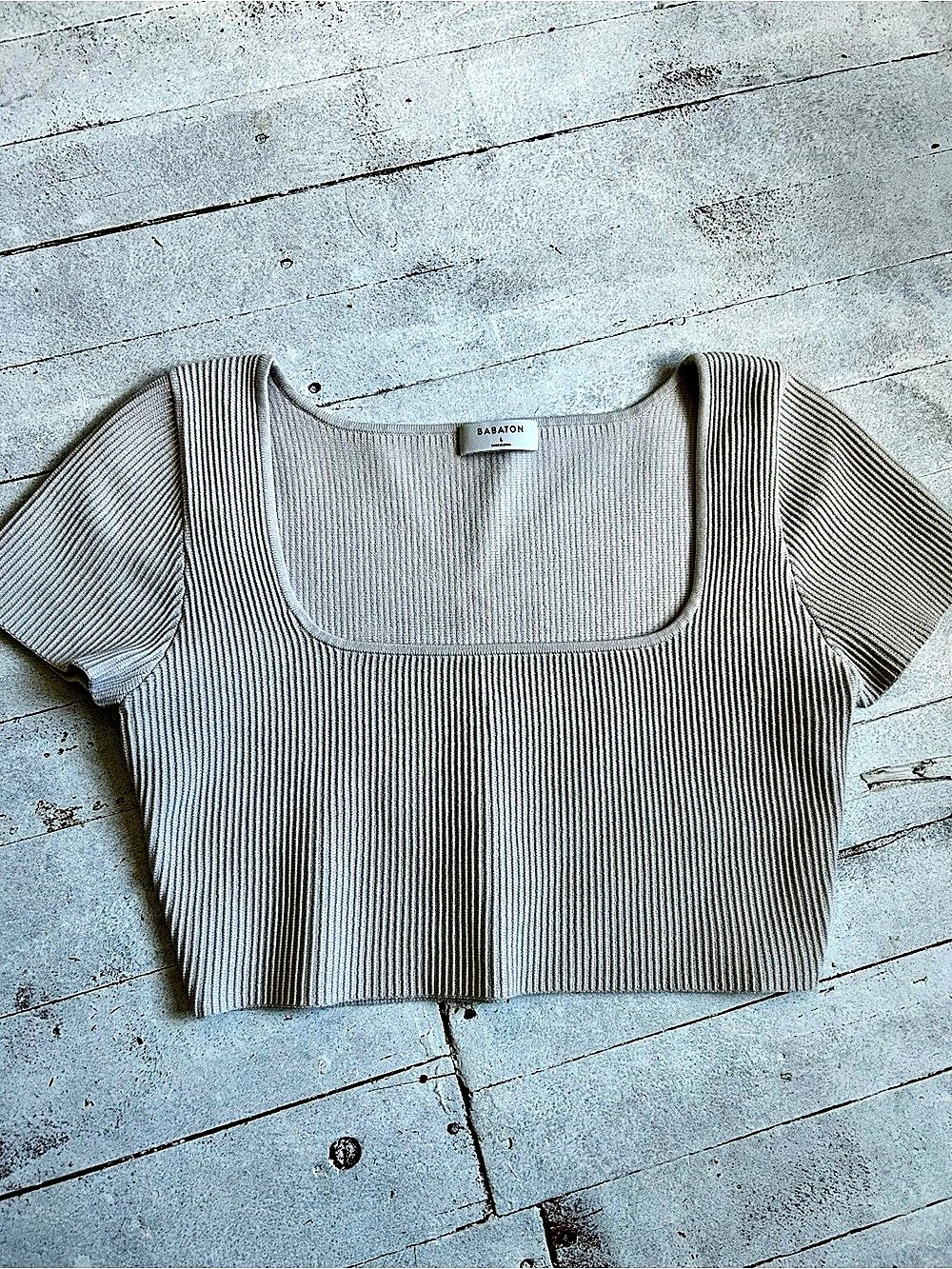 Babaton Sculpt Knit Squareneck Short Sleeve Top Beige Large
